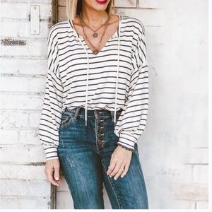 CAbi 5746 Relax Game Day Striped Long Sleeve Top Sweatshirt Black White Large